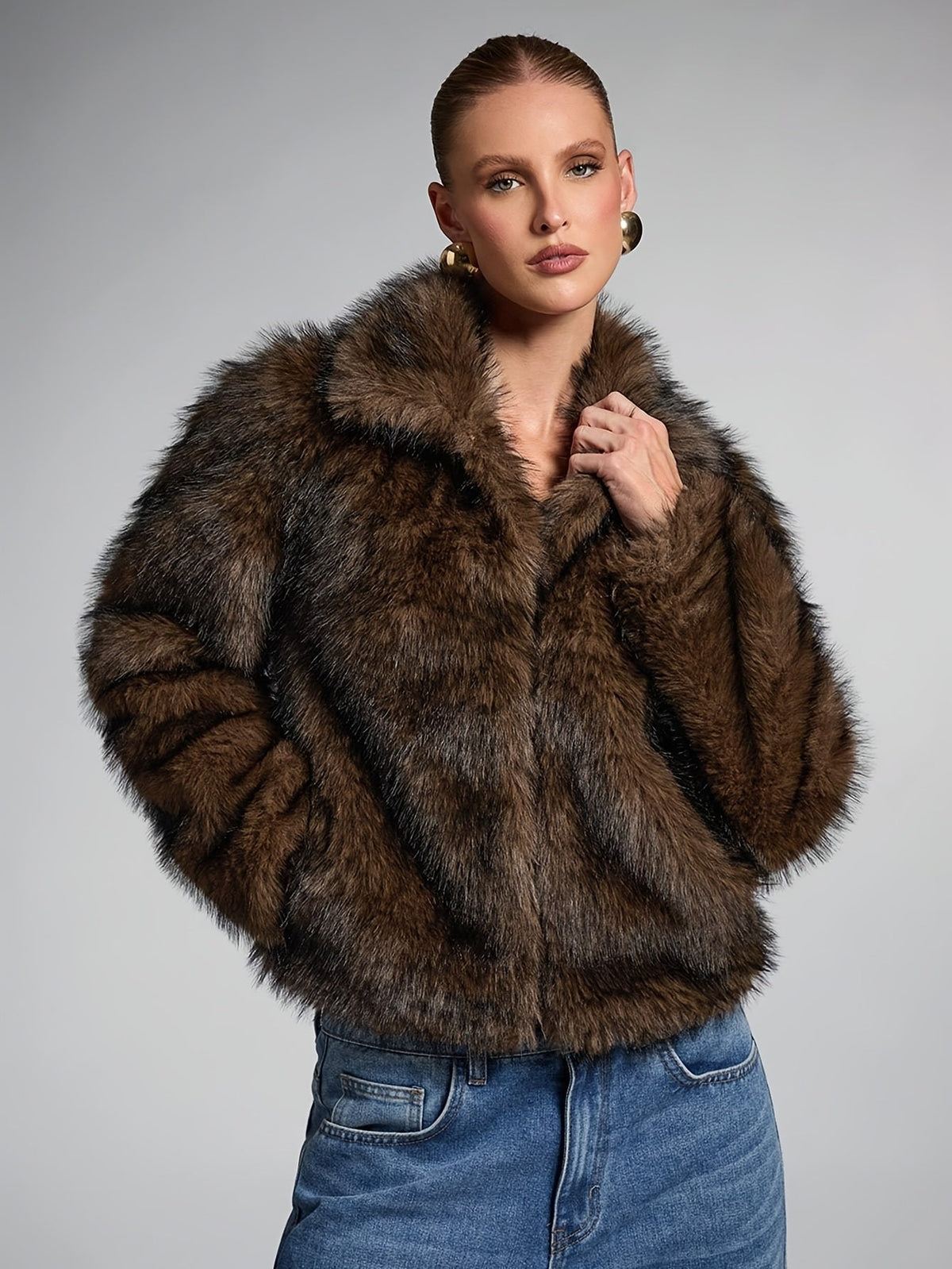 Holly Women's Cropped Plush Faux Fur Jacket - Bronze