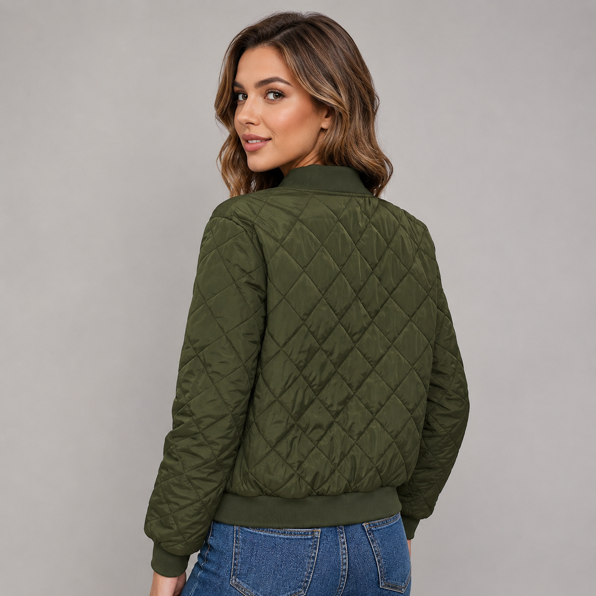 Darcy | Women's Cropped Diamond Quilted Bomber Jacket with Ribbed Trims