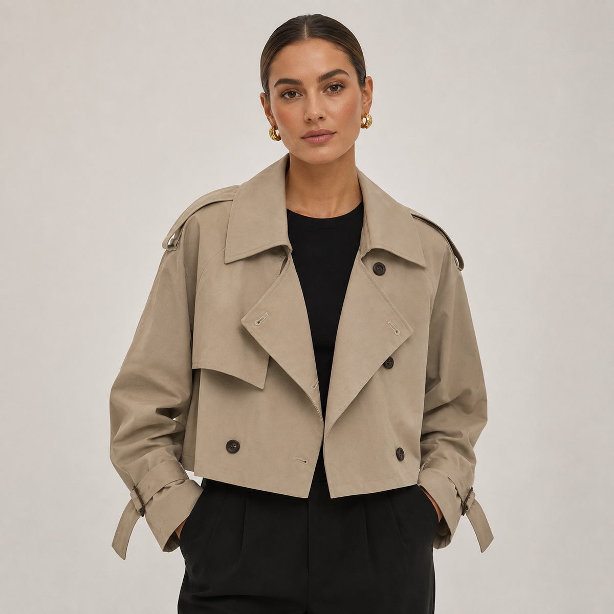 Camilla | Women's Cropped Trench Coat with Double Breasted Front and Lapels