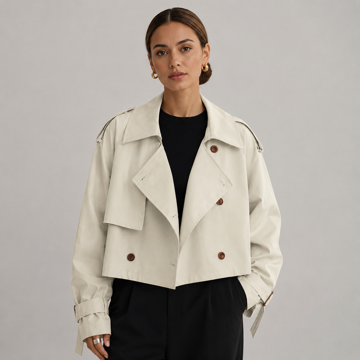 Camilla | Women's Cropped Trench Coat with Double Breasted Front and Lapels