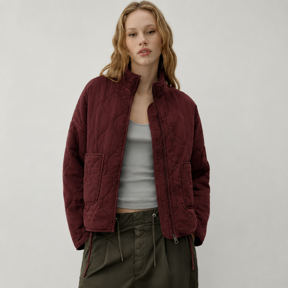 Pippa | Women's Quilted Jacket with High Collar and Oversized Patch Pockets