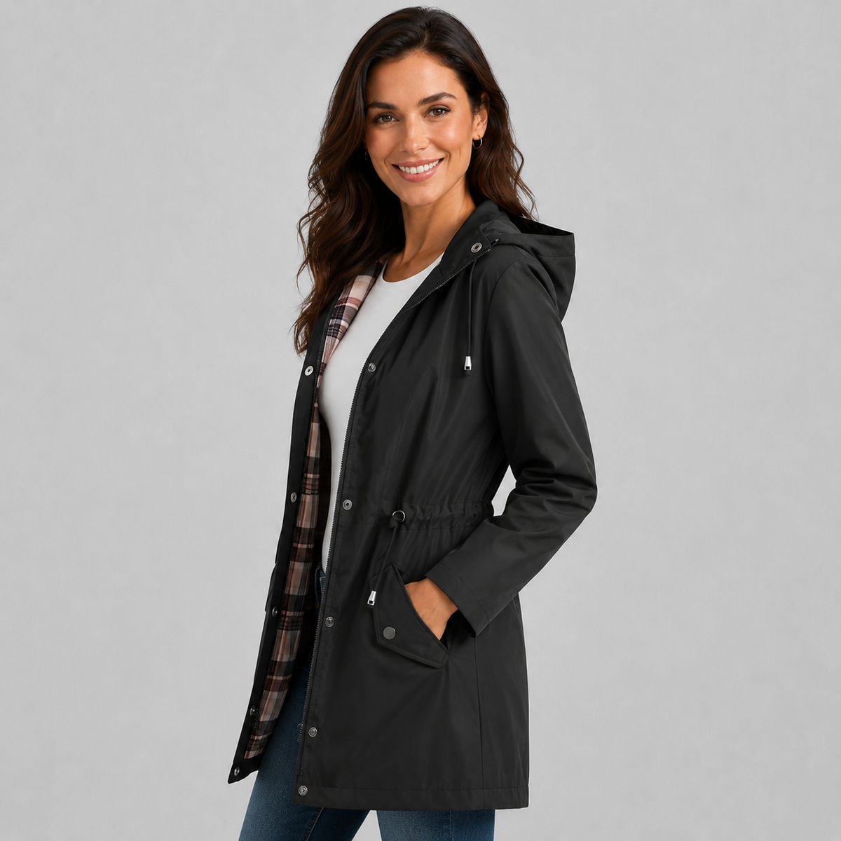 Polly | Women's Raincoat with Hood, Check Lining and Drawstring Waist