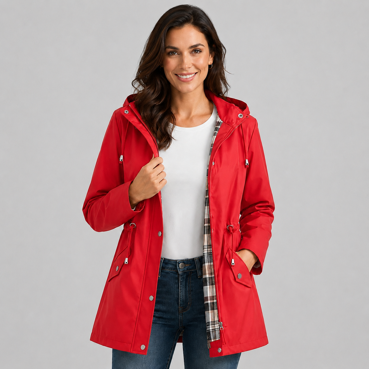 Polly | Women's Raincoat with Hood, Check Lining and Drawstring Waist