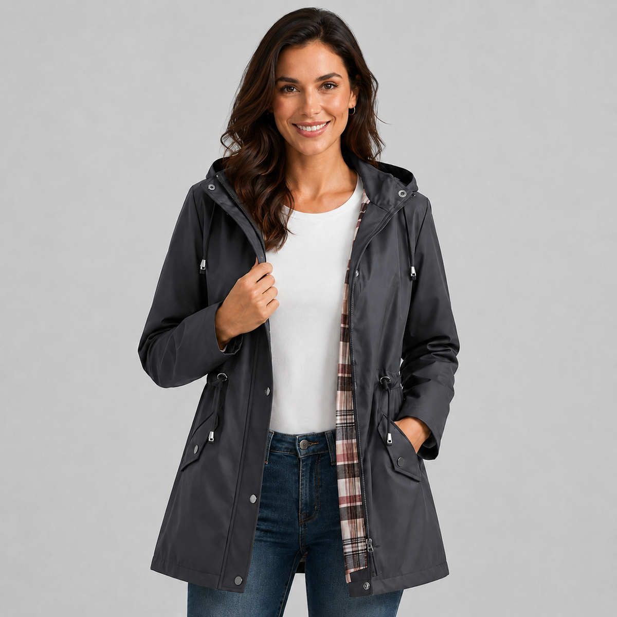 Polly | Women's Raincoat with Hood, Check Lining and Drawstring Waist