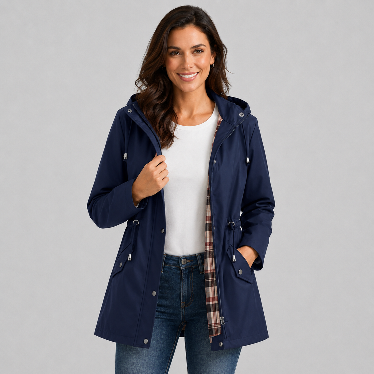Polly | Women's Raincoat with Hood, Check Lining and Drawstring Waist