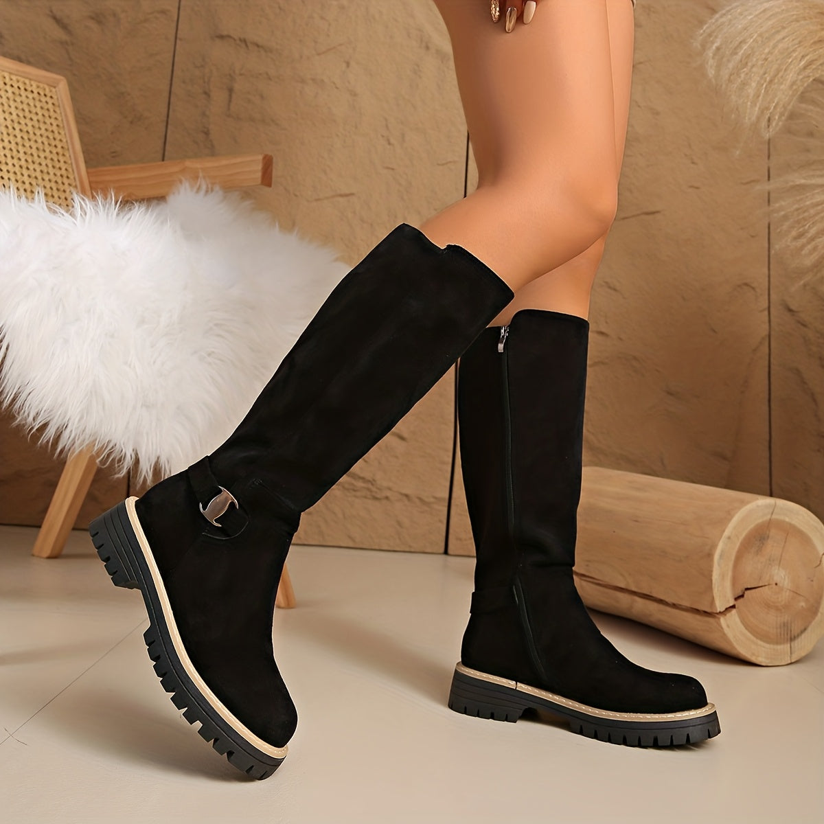 Megan Women's Winter Suede Flat Knee High Boots