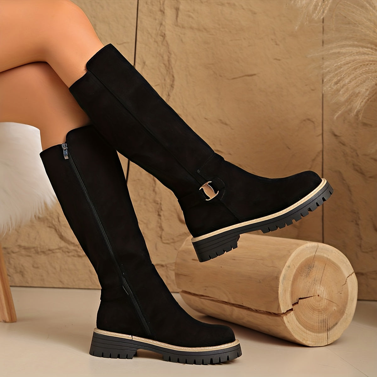 Megan Women's Winter Suede Flat Knee High Boots - Black