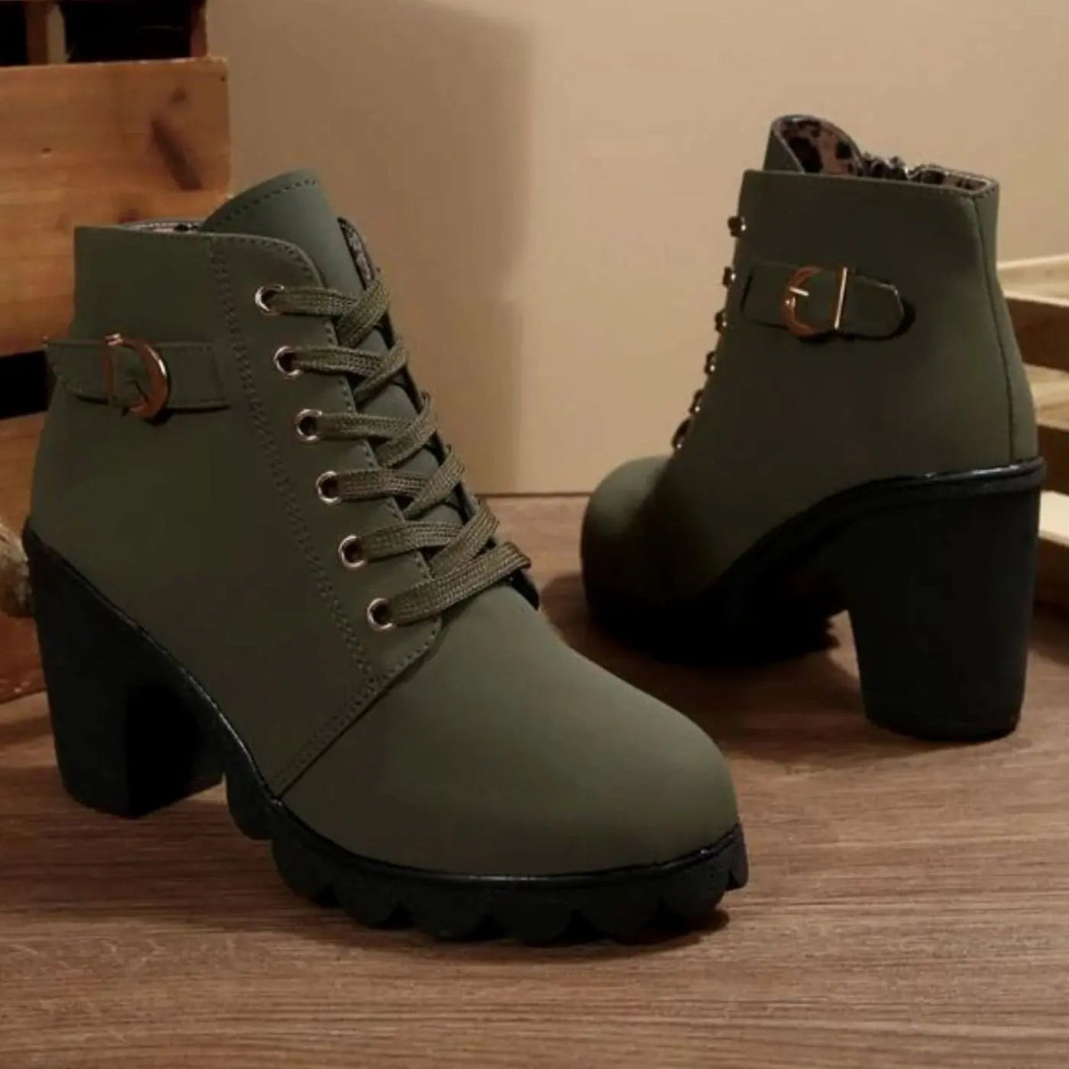 Bryony Women's Leather Heeled Ankle Boots - Olive Green