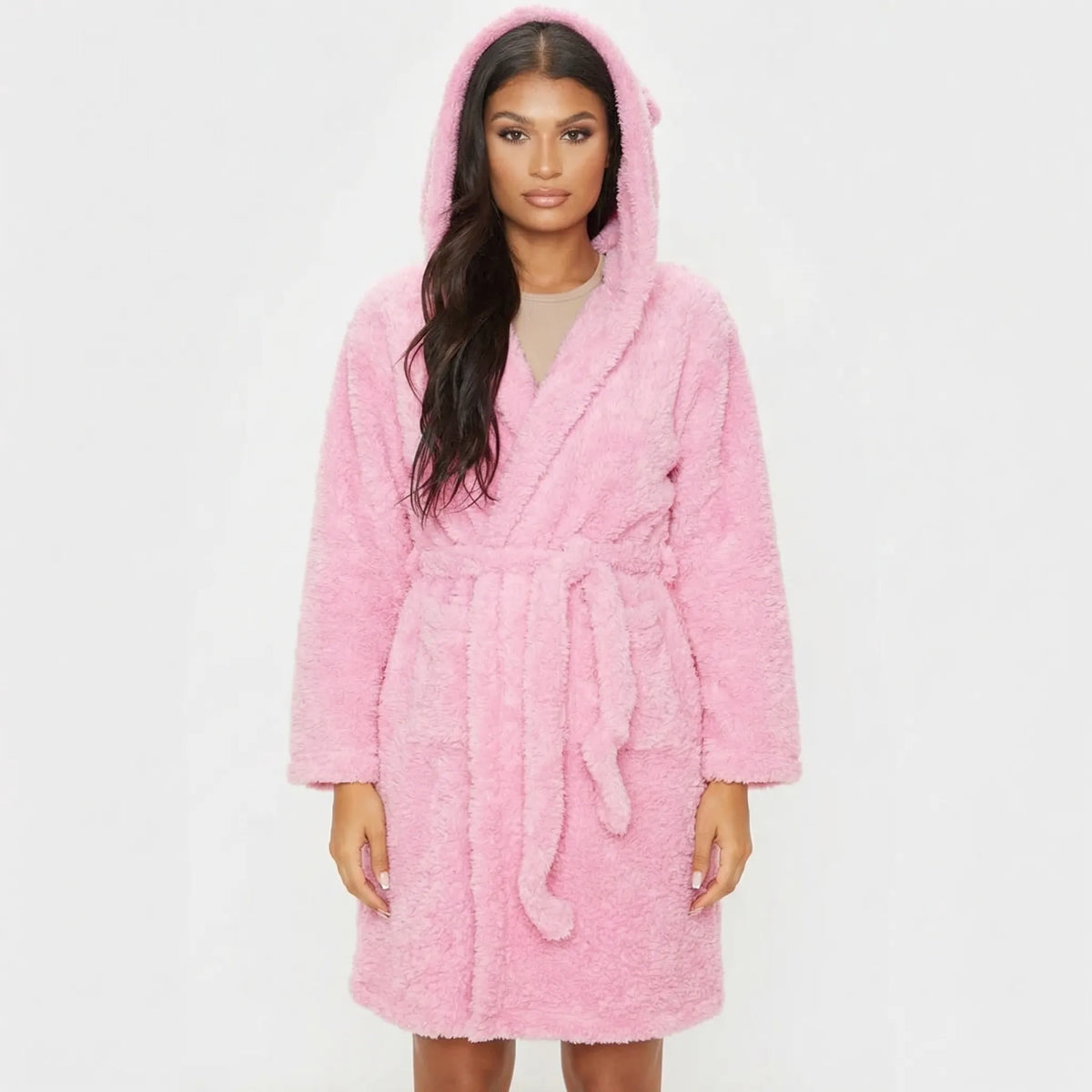 Gloria Fleece Hooded Dressing Gown - Pink