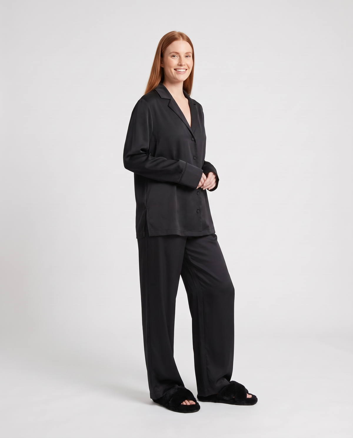 Button Up Wide Leg Pyjama Lounge Set in Black, three quarter view