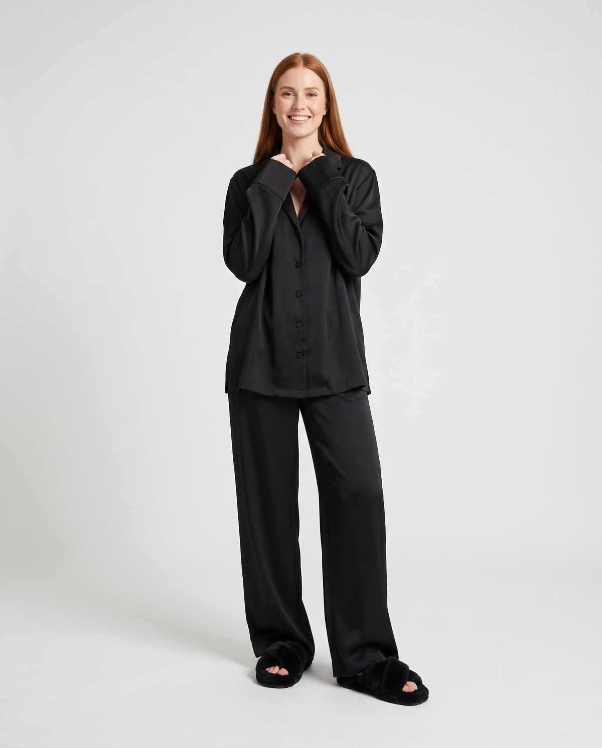 Button Up Wide Leg Pyjama Lounge Set in Black