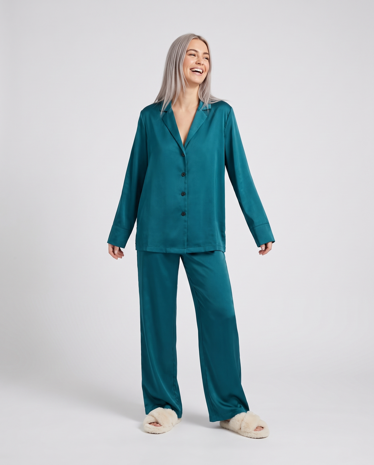 Button Up Wide Leg Pyjama Lounge Set in Blue Green