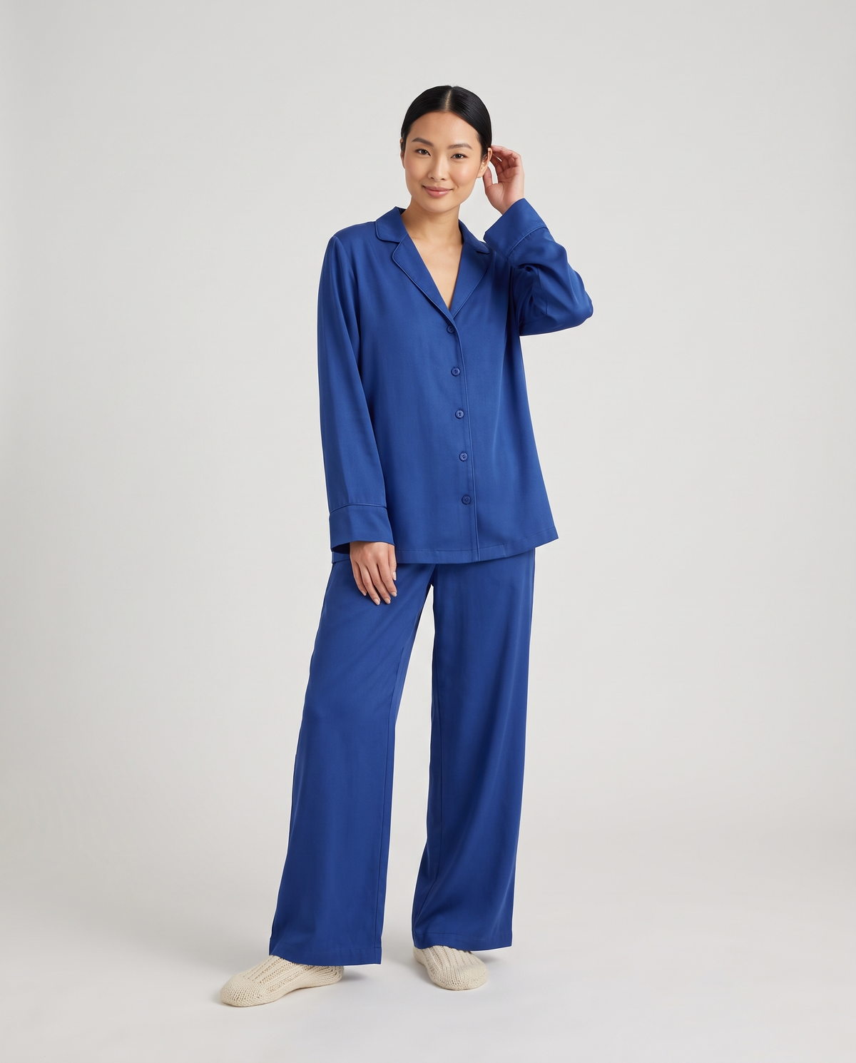Button Up Wide Leg Pyjama Lounge Set in Blue