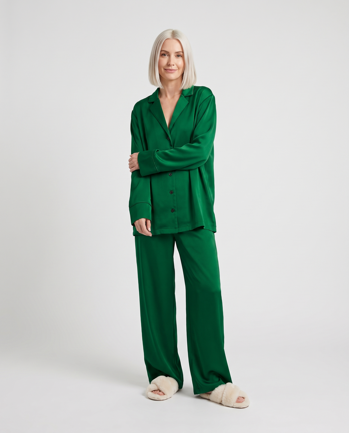 Button Up Wide Leg Pyjama Lounge Set in Green