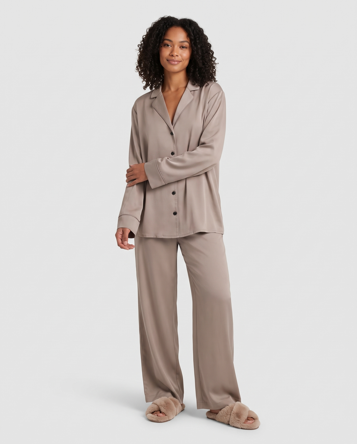 Button Up Wide Leg Pyjama Lounge Set in Light Brown