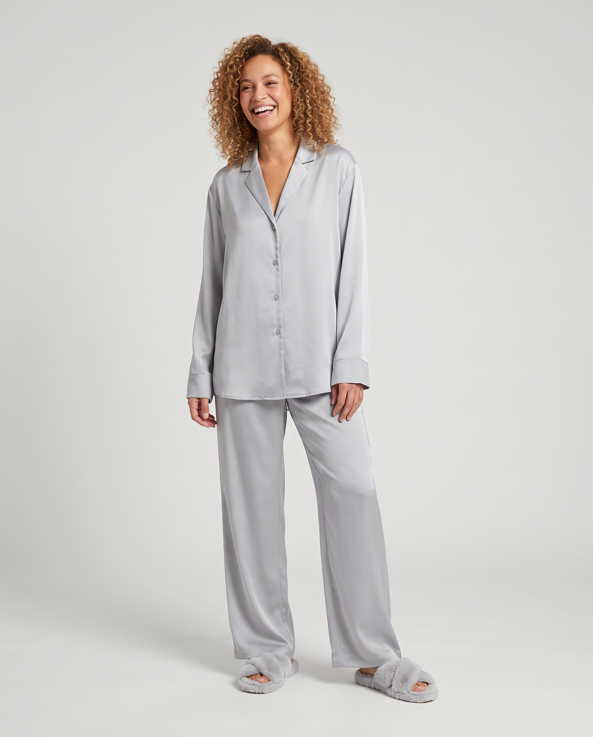 Button Up Wide Leg Pyjama Lounge Set in Light Grey
