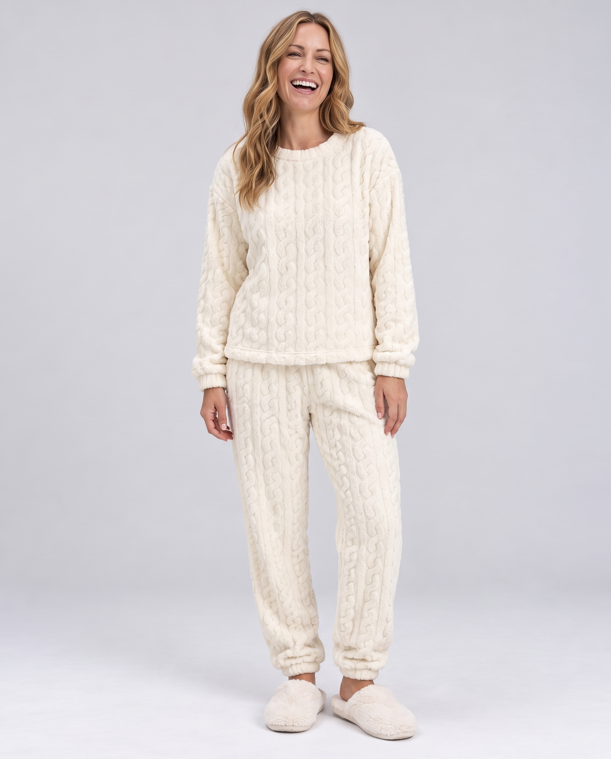Cable Texture Fleece Pyjama Lounge Set in Cream