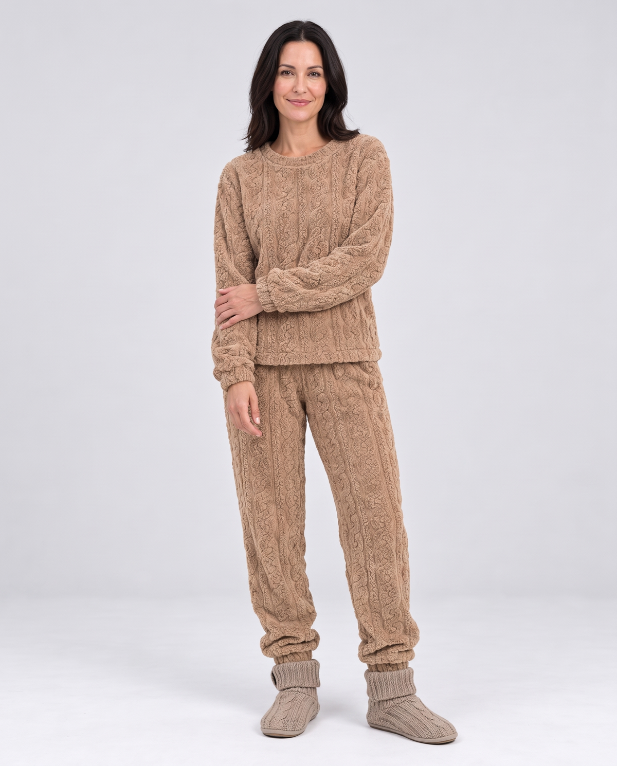 Cable Texture Fleece Pyjama Lounge Set in Khaki