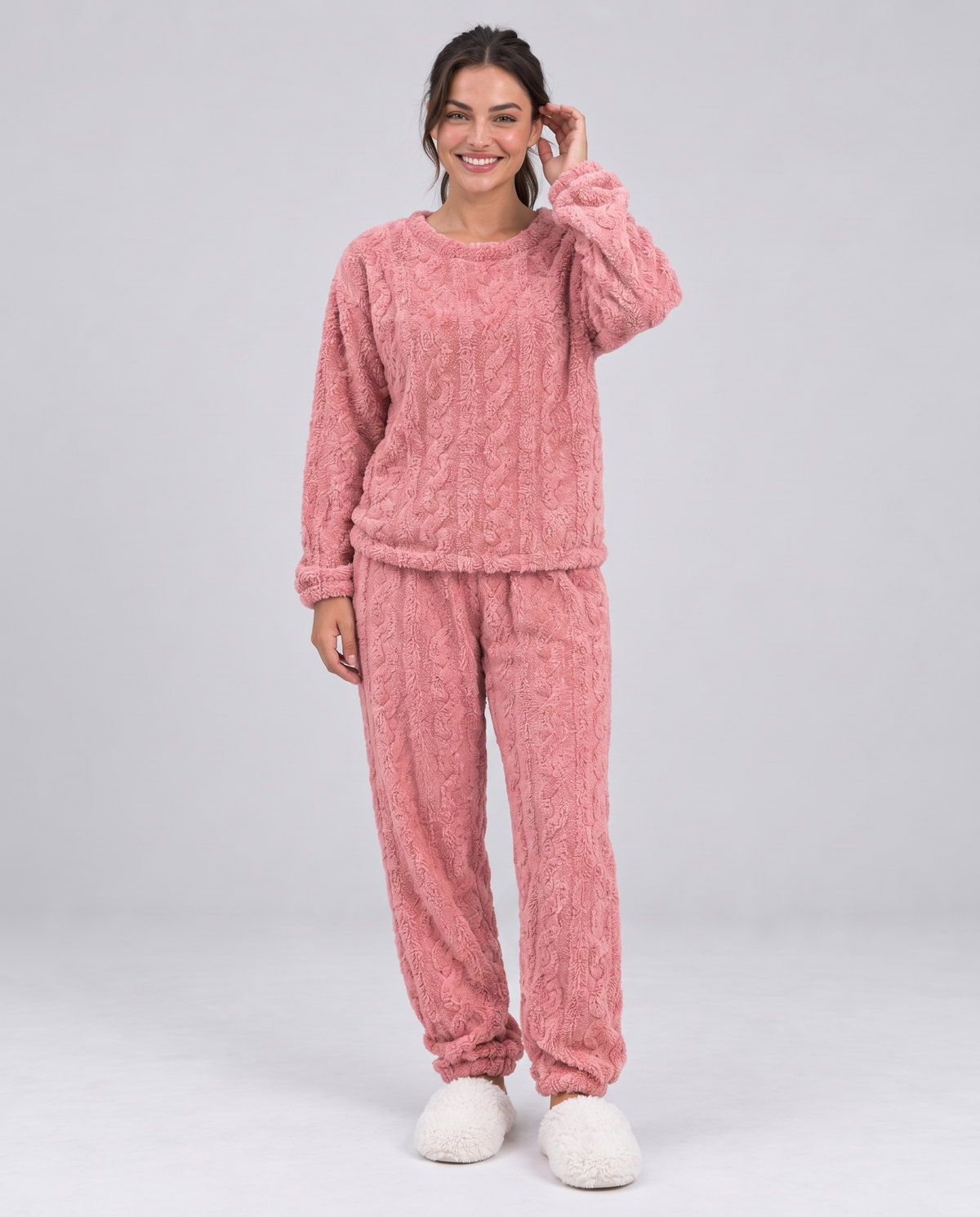 Cable Texture Fleece Pyjama Lounge Set in Pink