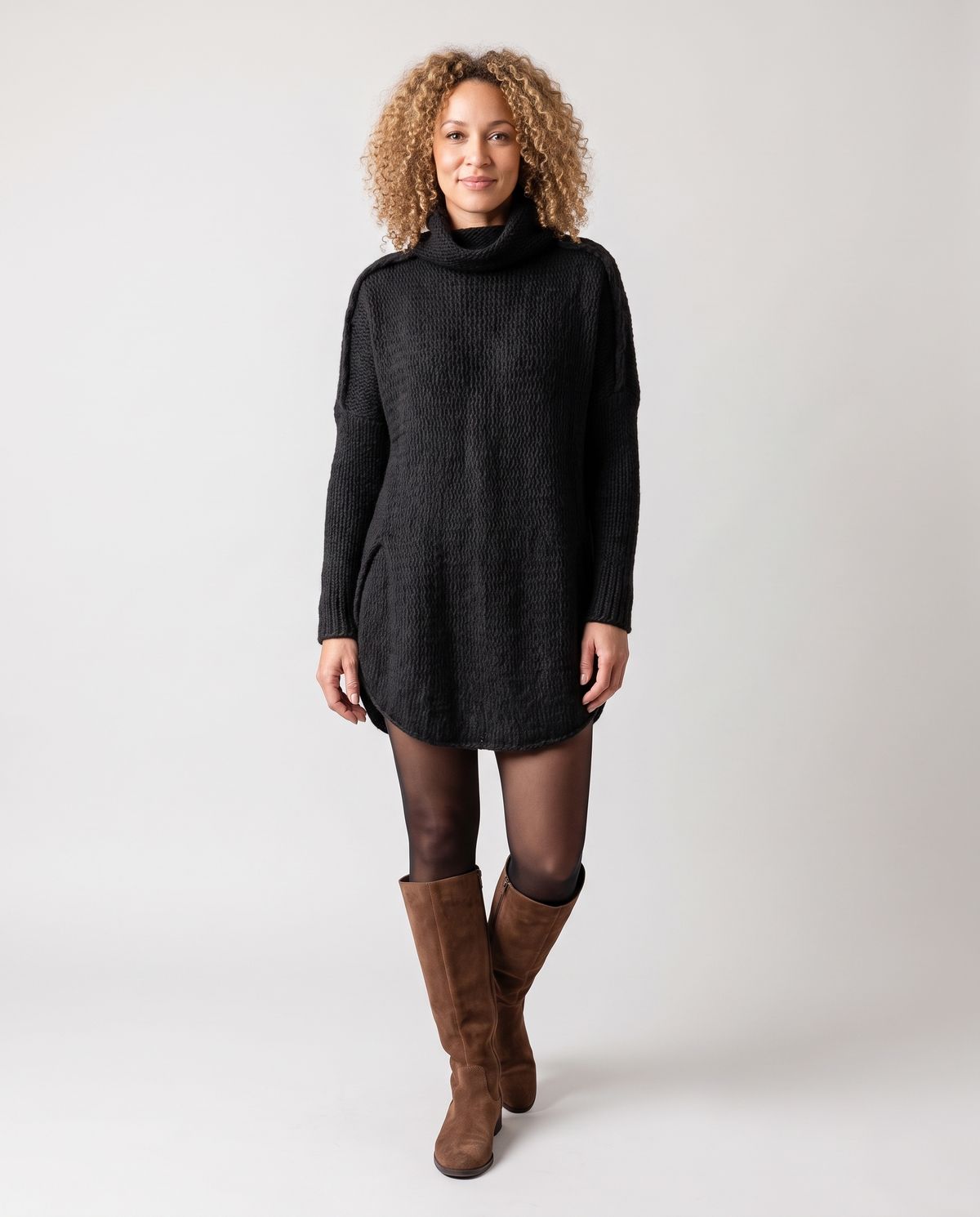 Chunky Funnel Neck Knitted Jumper Dress in Black