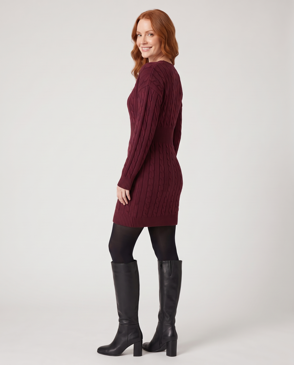 Cinched Waist Cable Knitted Jumper Dress in Burgundy, three quarter view