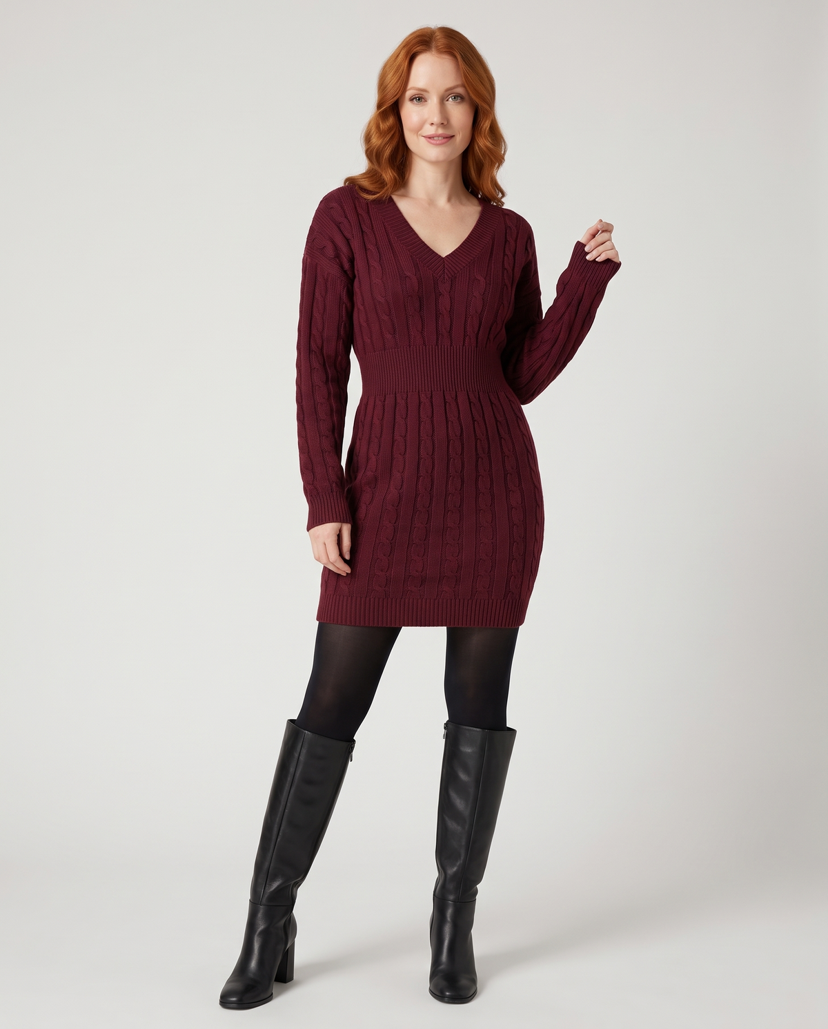 Cinched Waist Cable Knitted Jumper Dress in Burgundy