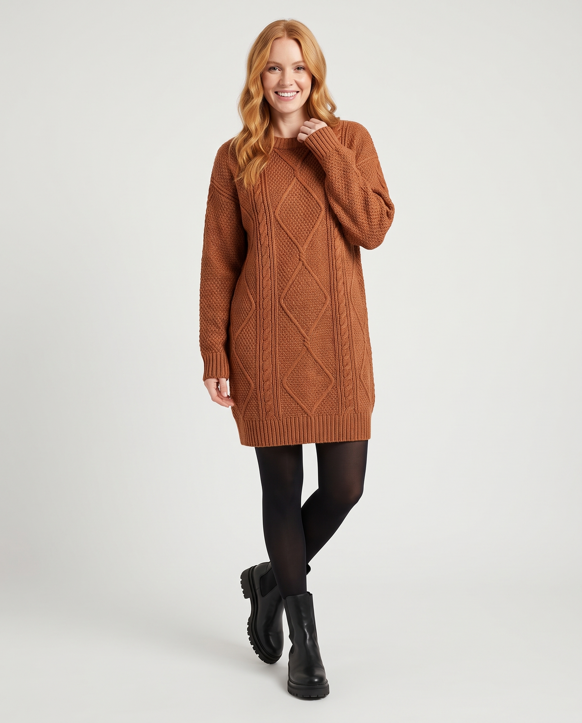 Classic Cable Knitted Jumper Dress in Brown