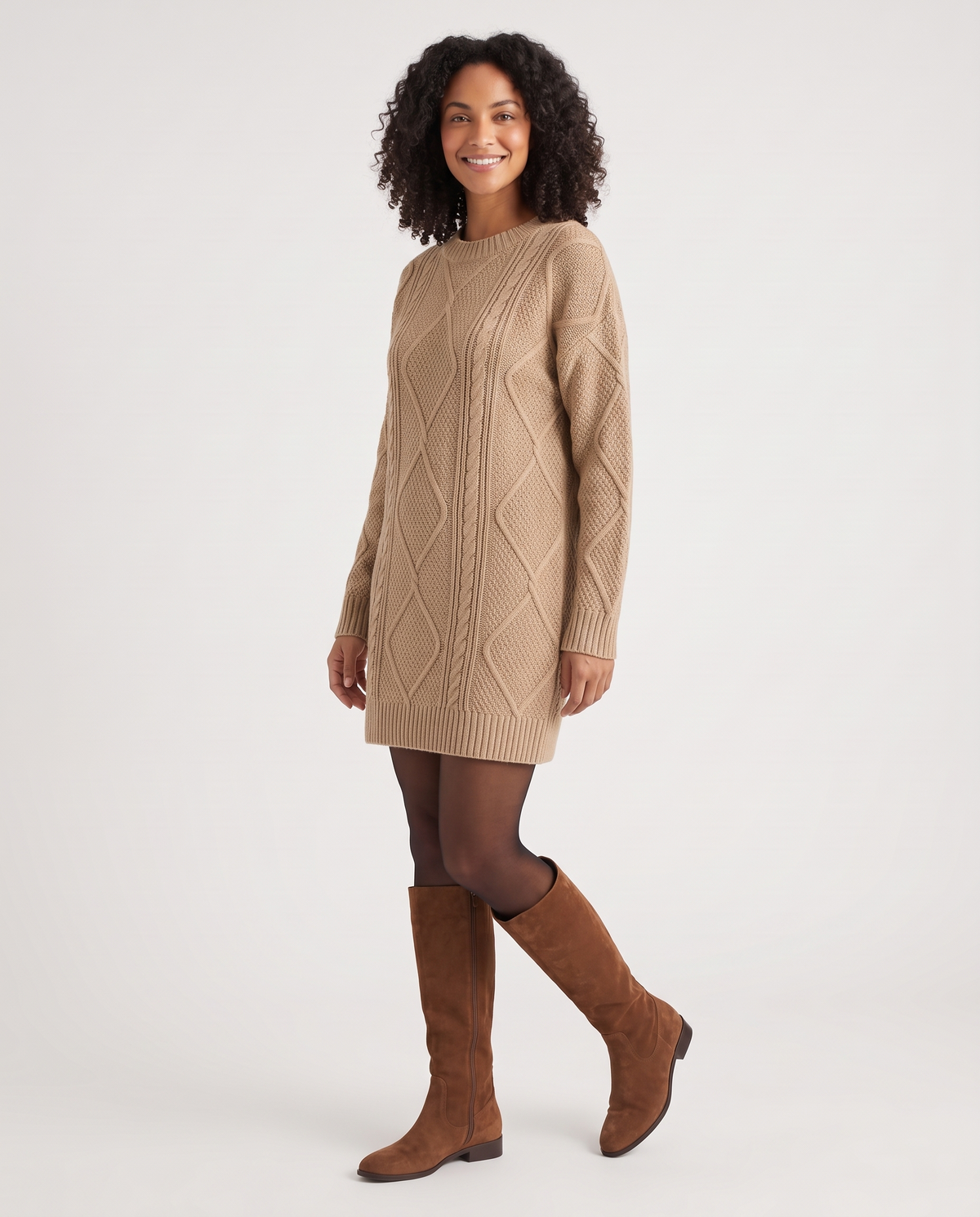 Classic Cable Knitted Jumper Dress in Khaki, three quarter view