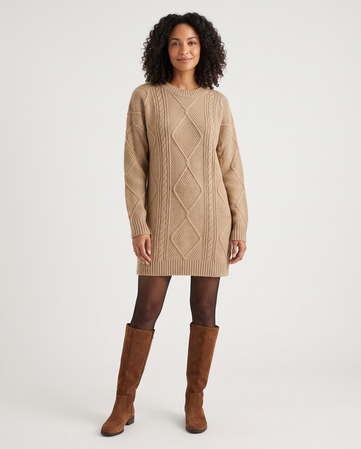 Classic Cable Knitted Jumper Dress in Khaki