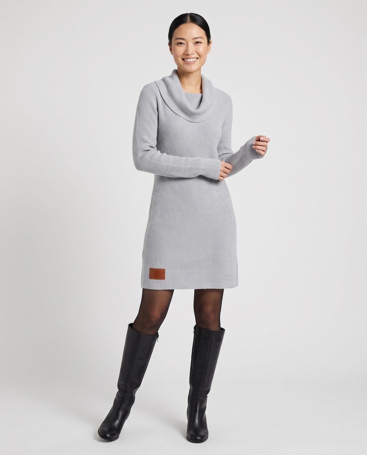Cowl Neck Ribbed Knitted Jumper Dress in Grey