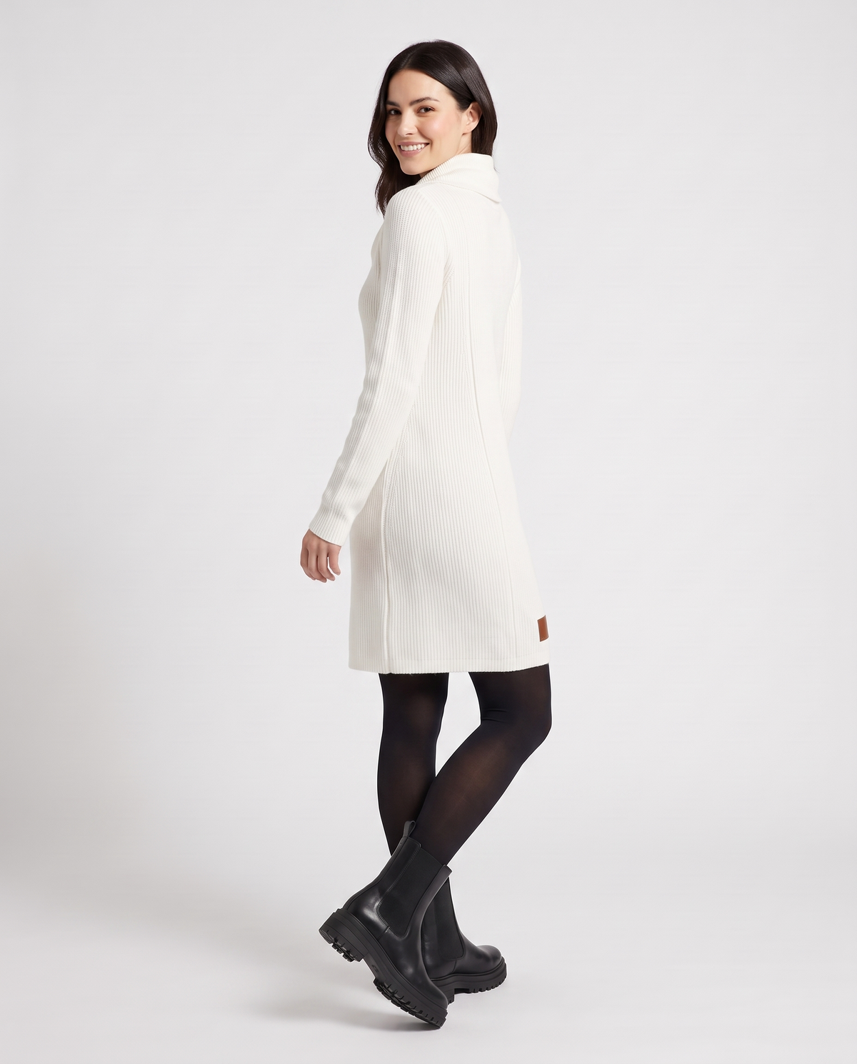 Cowl Neck Ribbed Knitted Jumper Dress in White, three quarter view