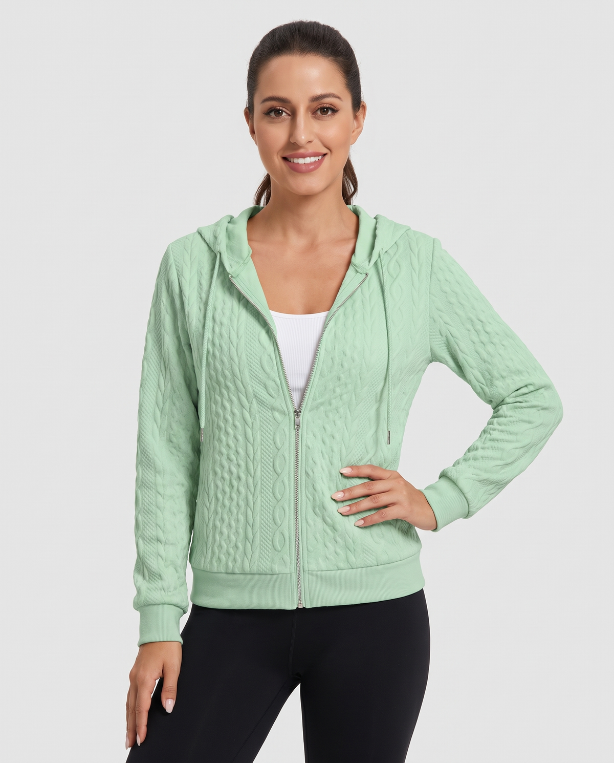 Fenella Women's Cable Textured Zip Up Hoodie - Green