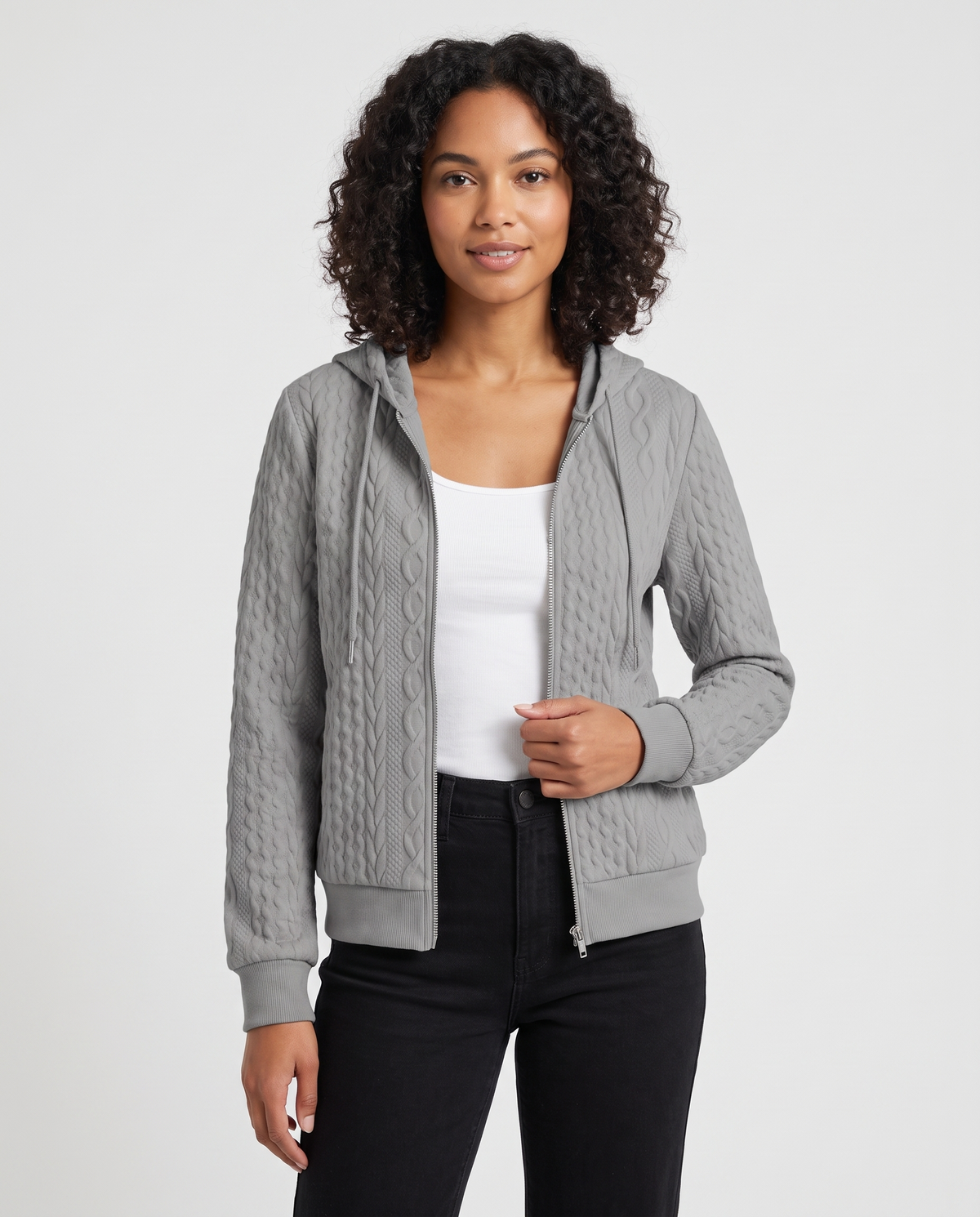 Fenella Women's Cable Textured Zip Up Hoodie - Grey
