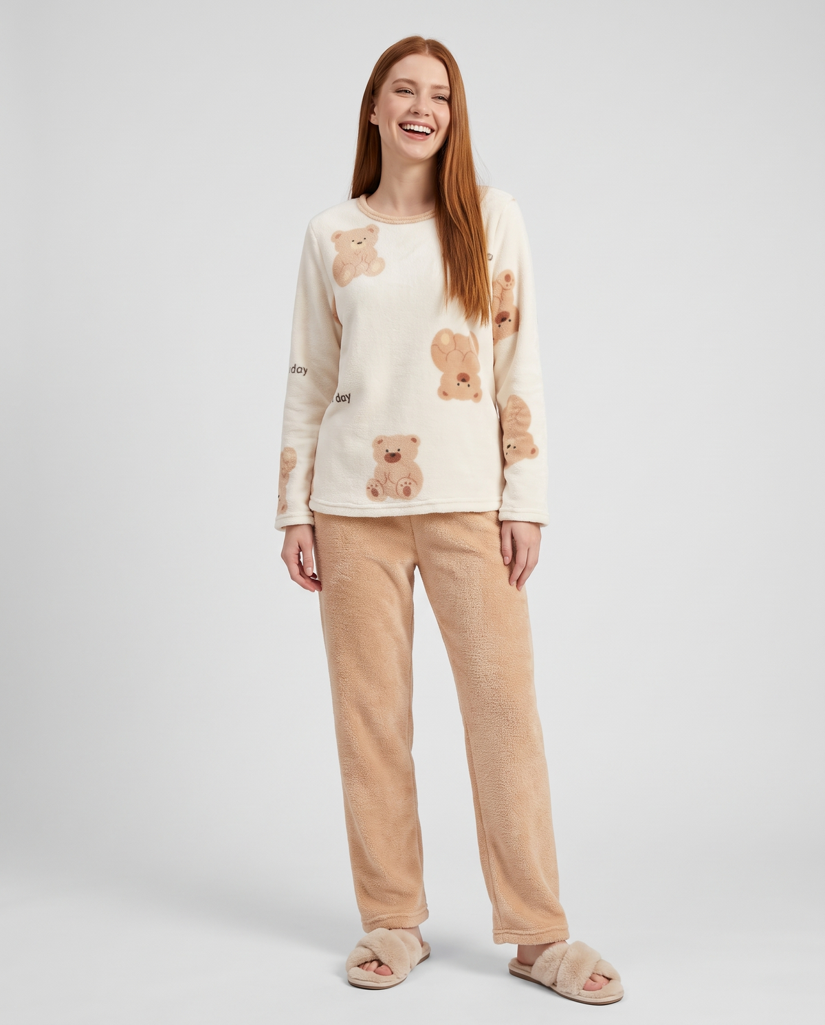 Heart Print Fleece Pyjama Lounge Set in Beige