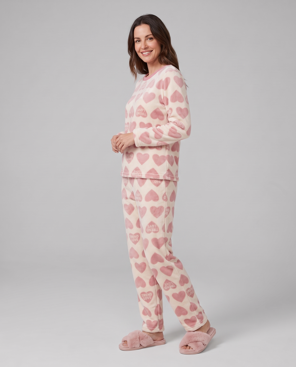 Heart Print Fleece Pyjama Lounge Set in Pink, three quarter view