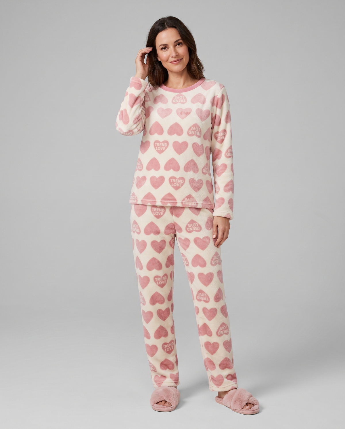 Heart Print Fleece Pyjama Lounge Set in Pink