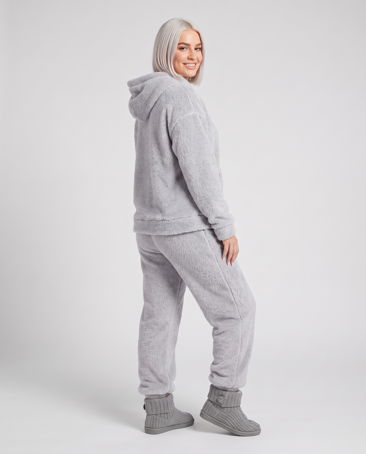 Hooded Fleece Pyjama Lounge Set in Grey, three quarter view