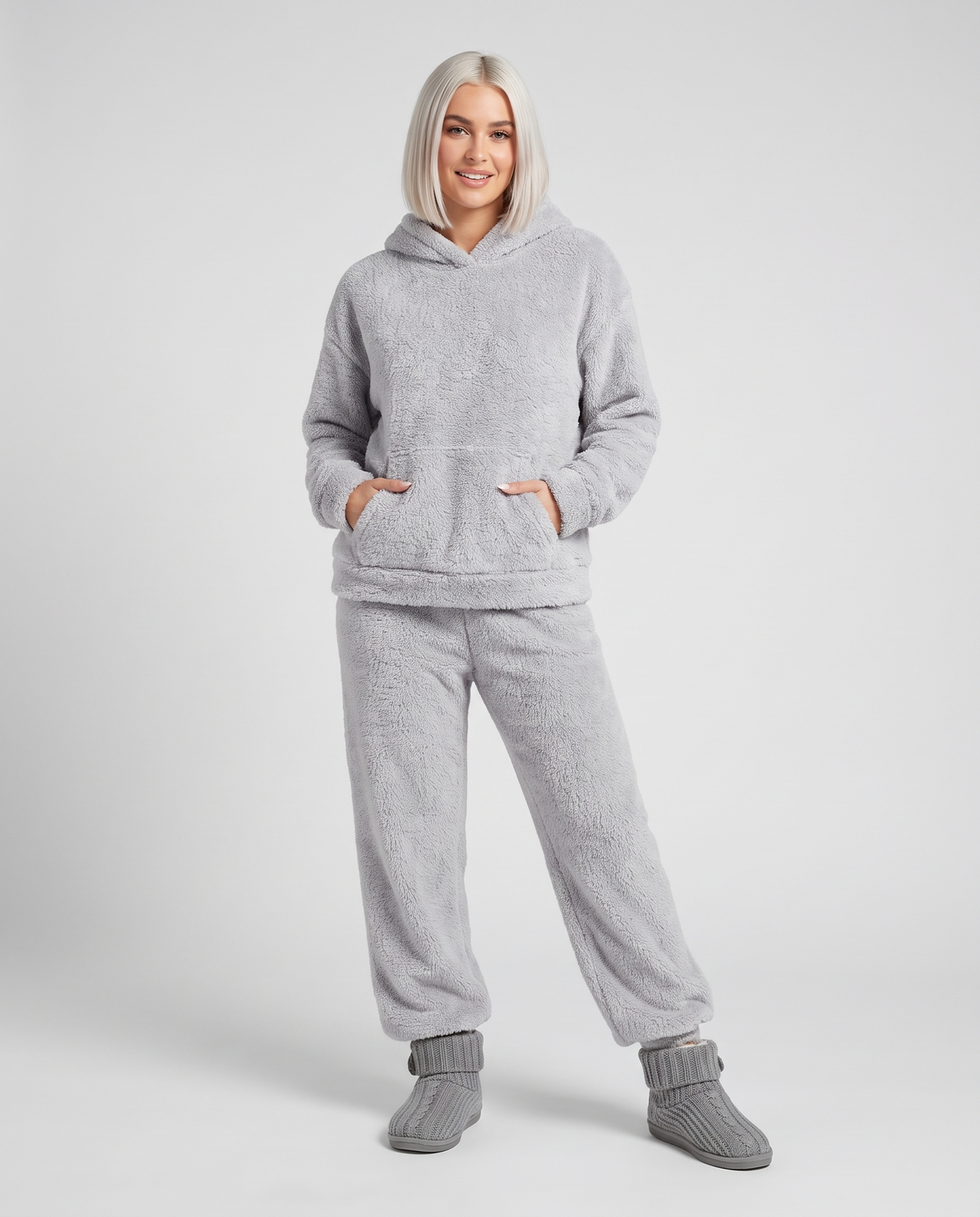 Hooded Fleece Pyjama Lounge Set in Grey