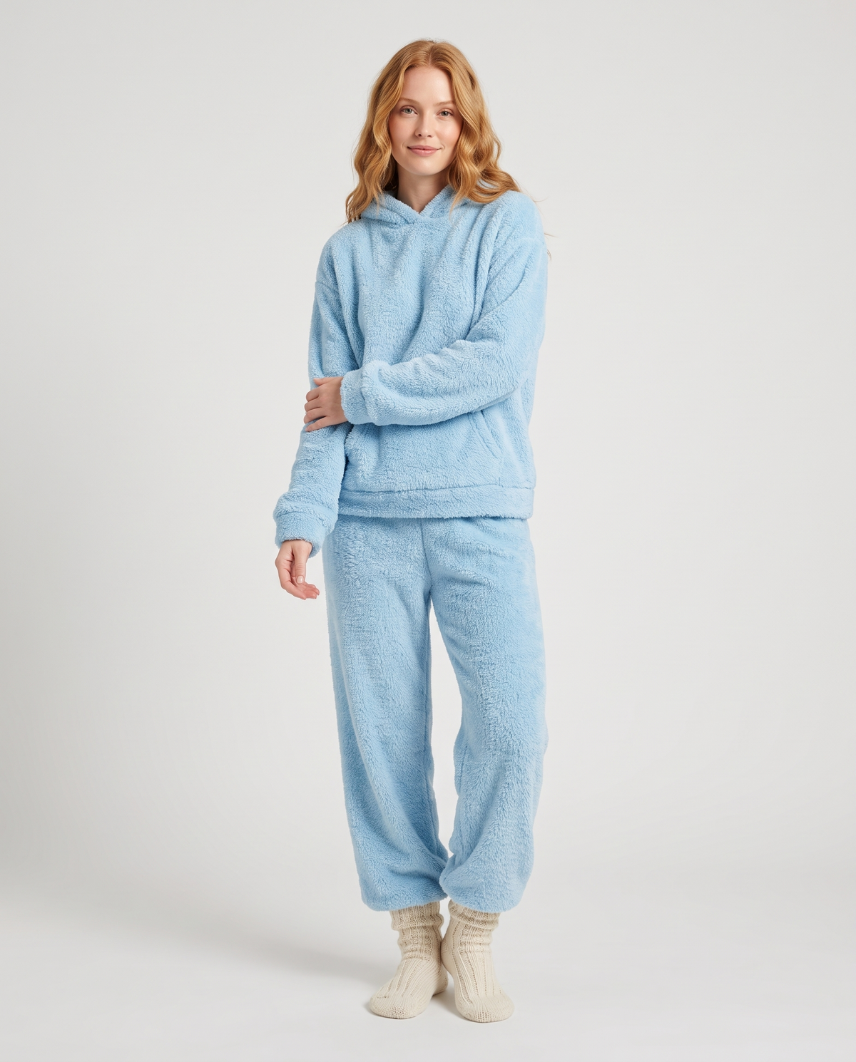 Hooded Fleece Pyjama Lounge Set in Light Blue