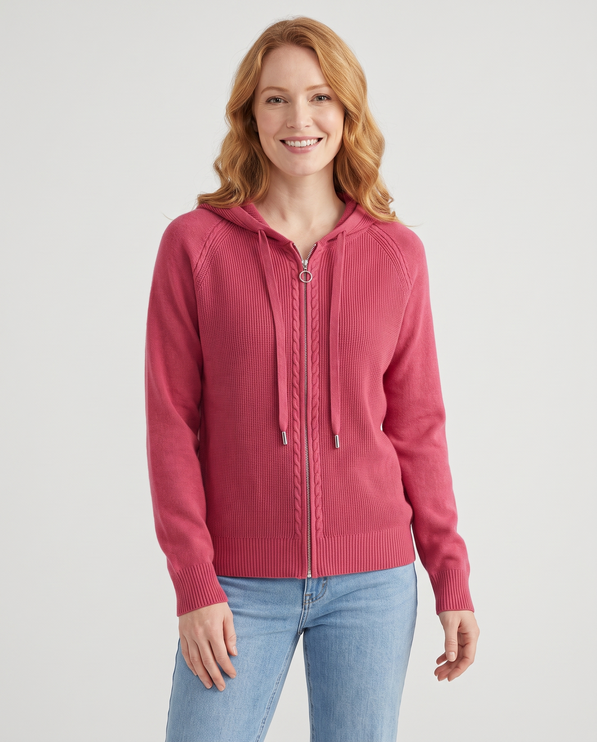 Imelda Women's Knitted Zip Up Hoodie - Raspberry Red