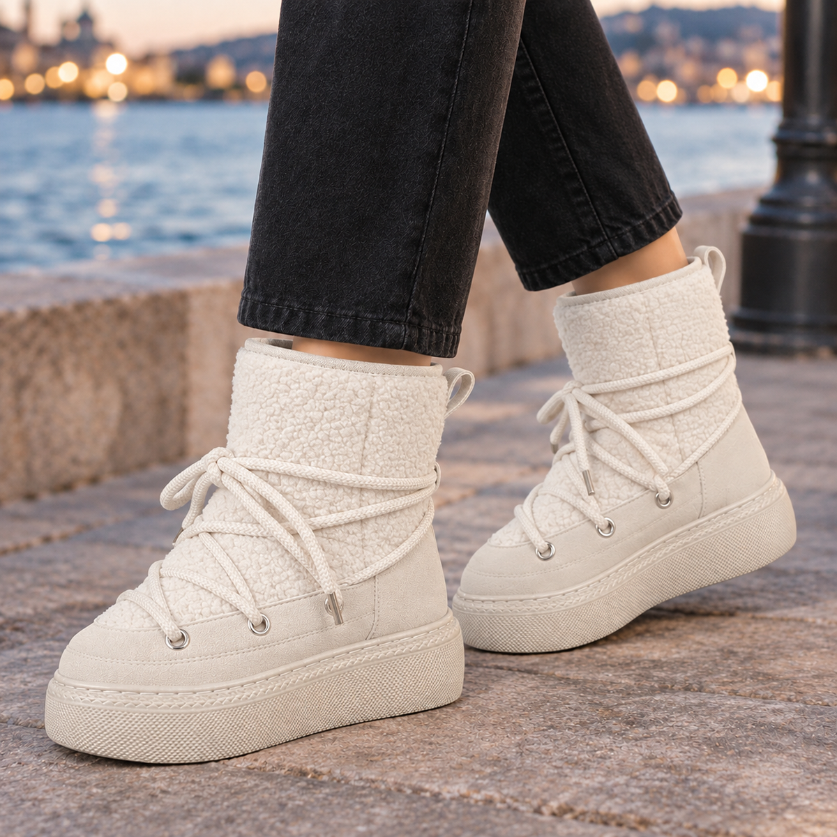 Bridget Teddy Winter Ankle Boots - Off White