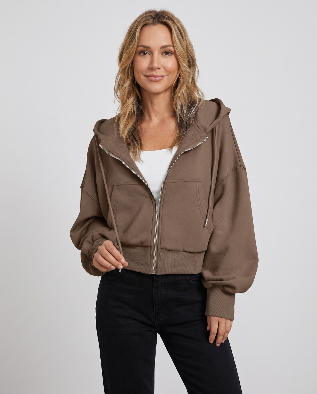 Keira Women's Cropped Zip Up Hoodie - Brown