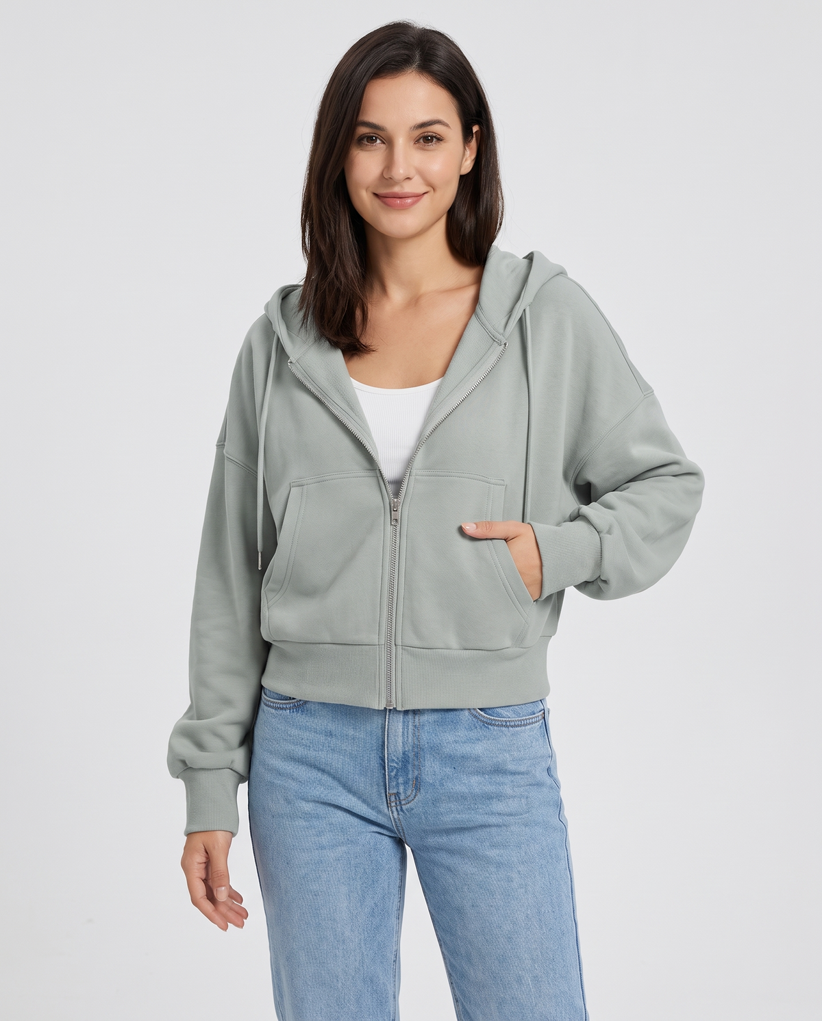 Keira Women's Cropped Zip Up Hoodie - Light Grey
