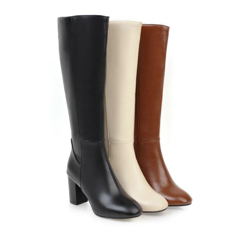 Women's Knee-High Heeled Boots with Side Zip Closure