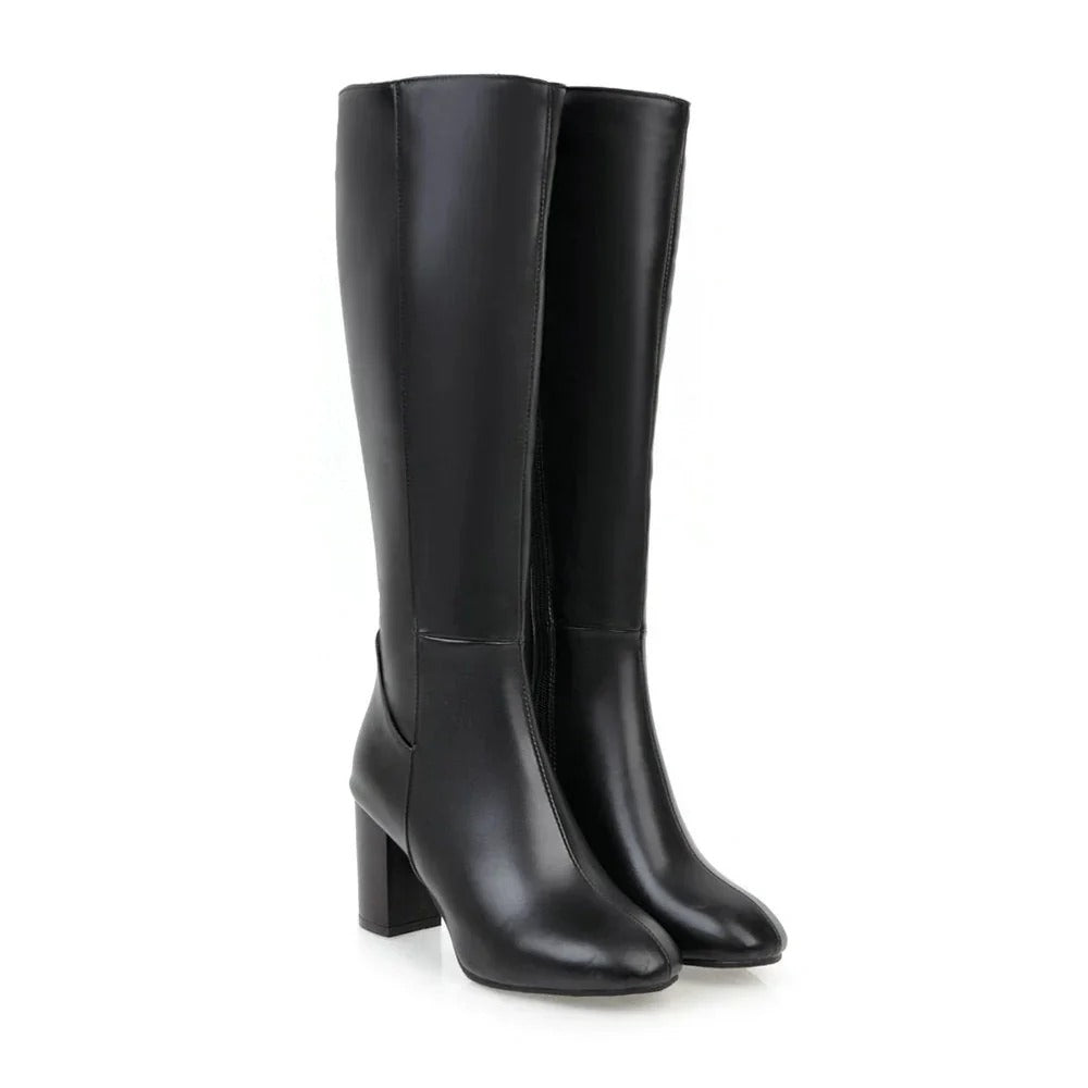 Women's Knee-High Heeled Boots with Side Zip Closure