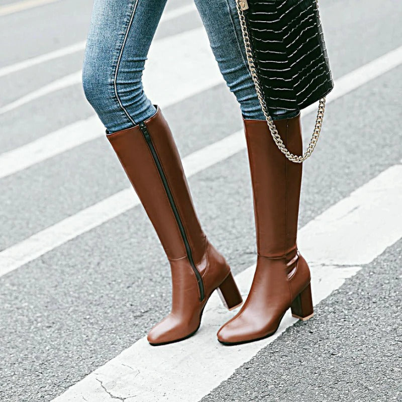 Women's Knee-High Heeled Boots with Side Zip Closure