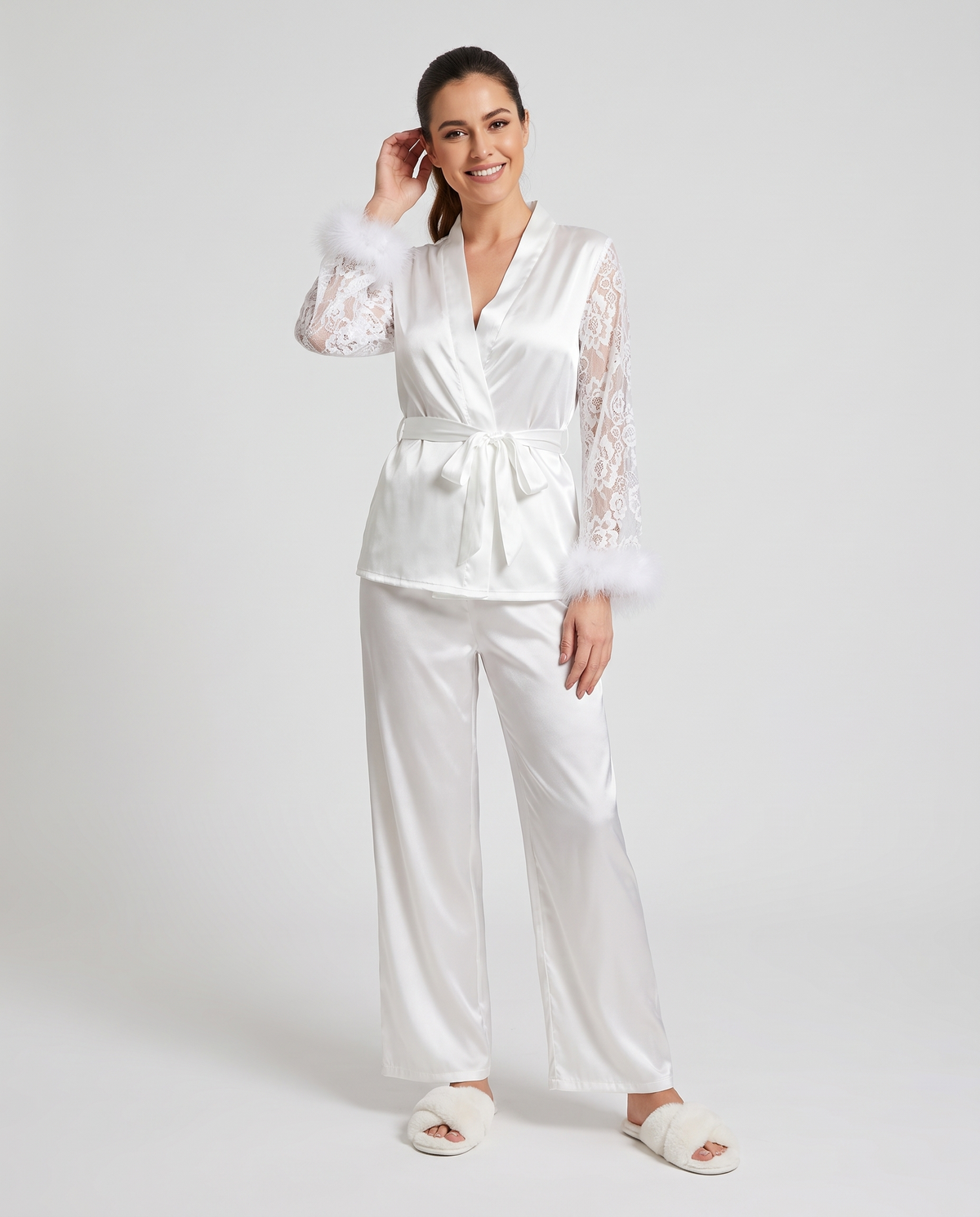 Lace Trim Fuzzy Pyjama Lounge Set in White