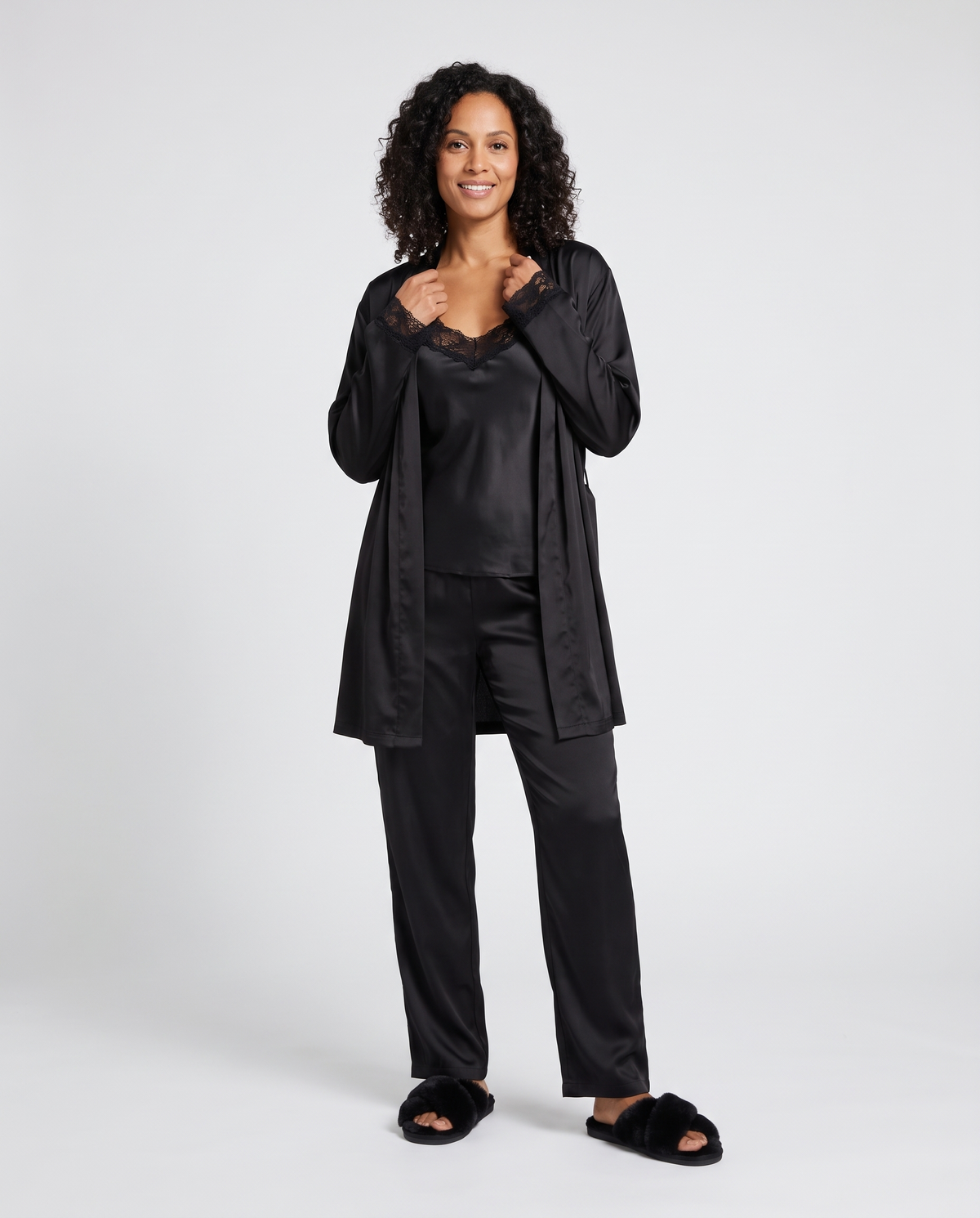 Lace Trim Satin Pyjama Set with Kimono in Black