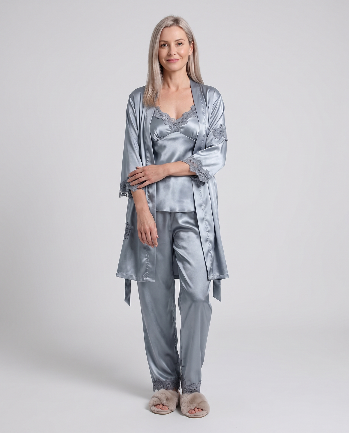 Lace Trim Satin Pyjama Set with Kimono in Light Blue