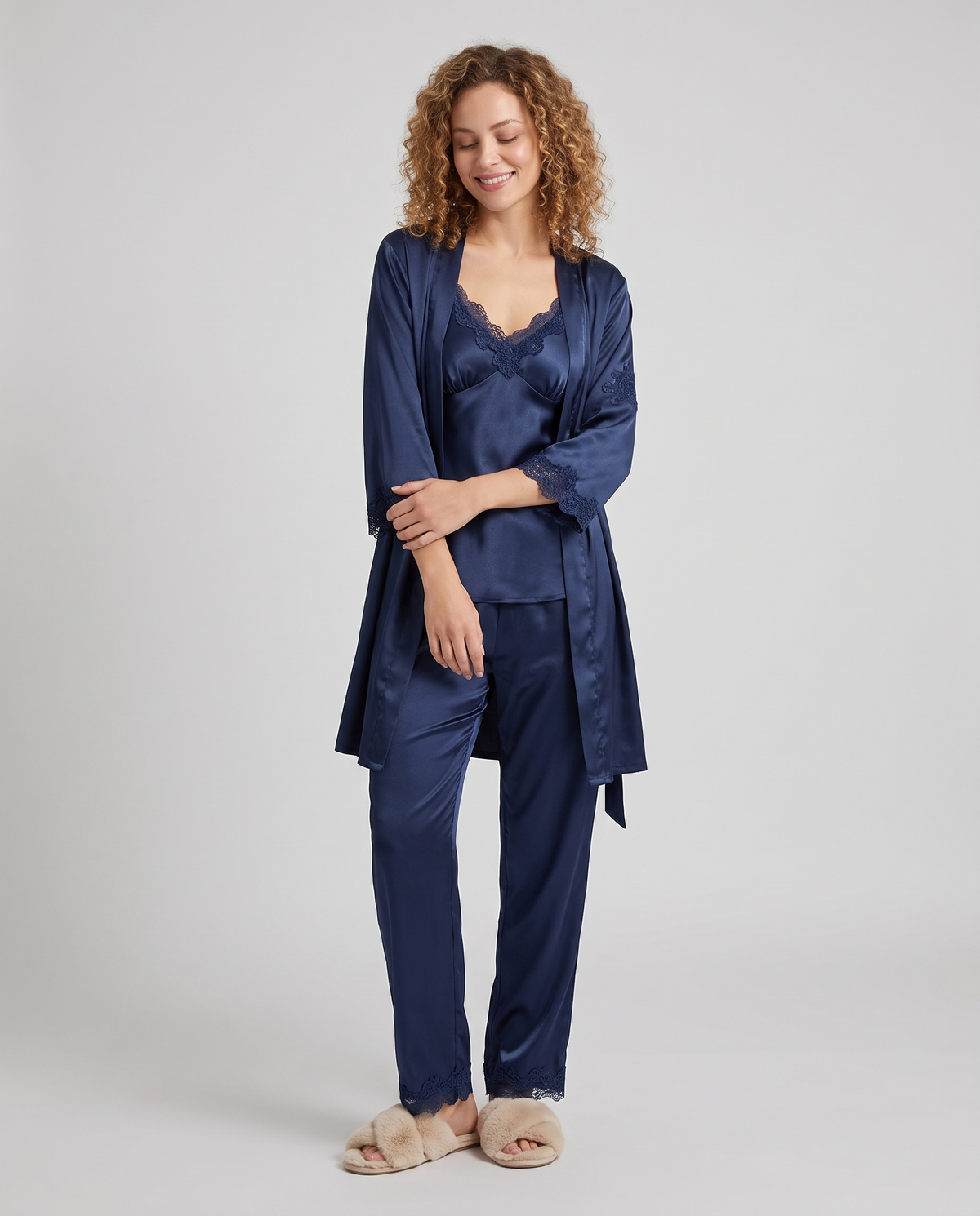 Lace Trim Satin Pyjama Set with Kimono in Navy Blue